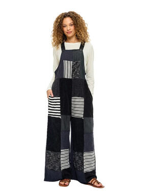 26807 | Yak & Yeti Boho Colorblock Ribbed Patchwork Overalls | Sizes S/M-L/XL